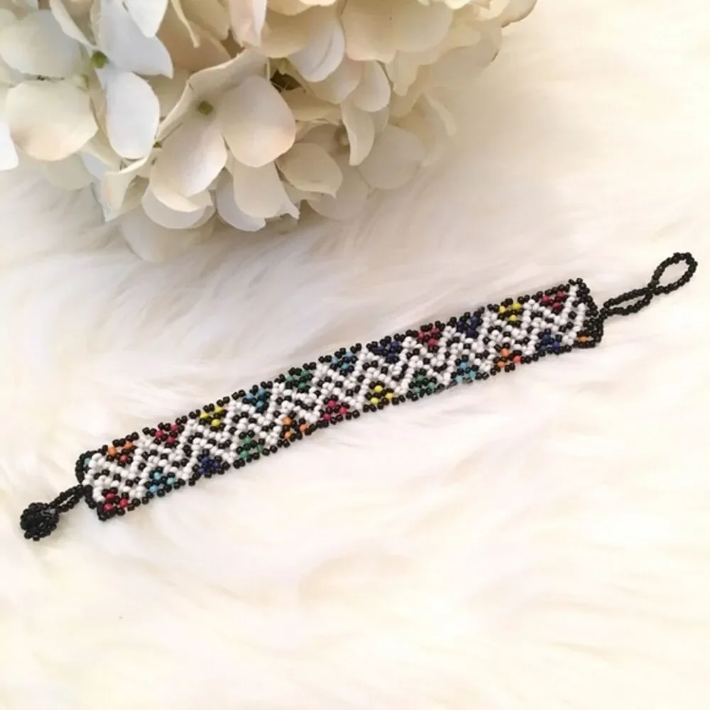 Hand Beaded Mexican Huichol Bracelet Colorful Multicolor Double Zig Zag Rainbow
